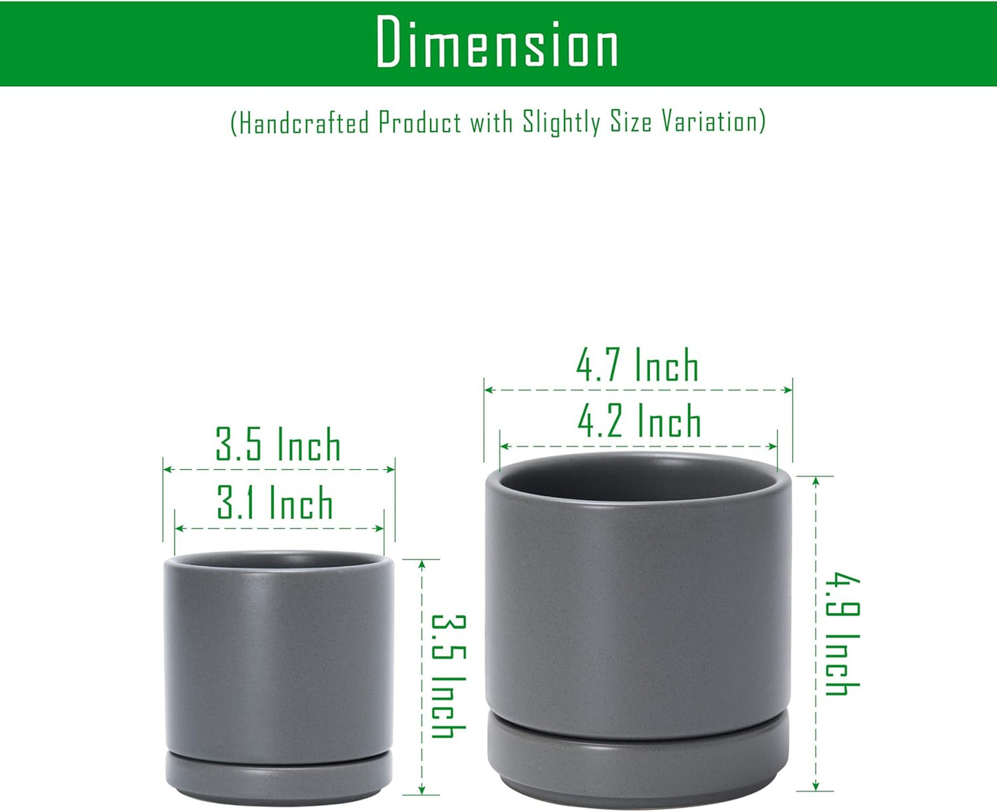 D'vine Dev 3.5 Inch & 4.7 Inch Ceramic Planter Pots for Plants with Drainage Hole and Saucer, X-Small Plant Pots Set, Speckled Grey, 94-G-XS-3