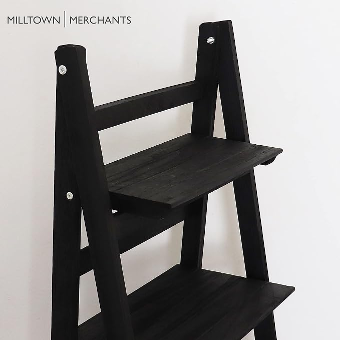 Distressed Ladder Shelf - Rustic Leaning Bookshelf for Home Decor (Black)