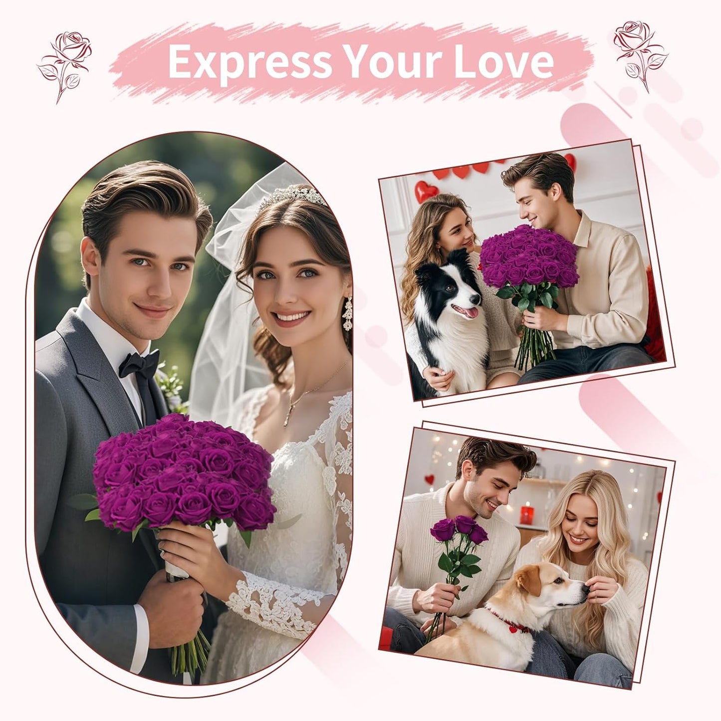 55 PCS Fake Roses Artificial Flowers Bulk, Purp Roses Bridal Bouquet Silk Faux Rose with Stems for Wedding Flowers Decoration, Valentine's Day, Bridal Bouquet, Anniversary,Home Decor (55PCS, Purple)