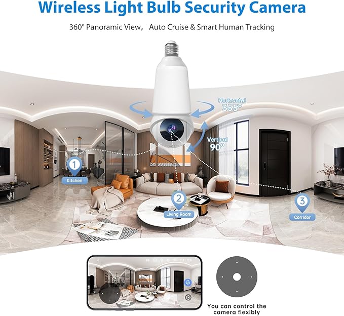 Light Bulb Security Camera, 2.4G&5G WiFi Lightbulb Cameras Wireless Outdoor, Smart AI Motion Detection, Color Night Vision, US Cloud Storage, 911 Emergency Calling