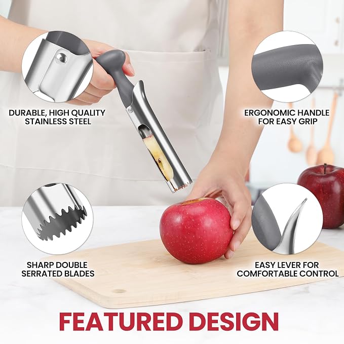 SCHVUBENR Premium Apple Corer Tool - Easy to Use and Clean - Sturdy Apple Remover with Sharp Serrated Tips - Stainless Steel Corers for Apple and Pear - Core Fruits with Ease(Silver)
