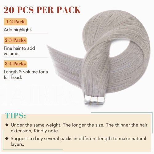 Hairro Tape In Human Hair Extensions For Women Remy Tape Ins Invisible Natural Tape On Hair Extensions 24 inch 50g 20pcs #GREY