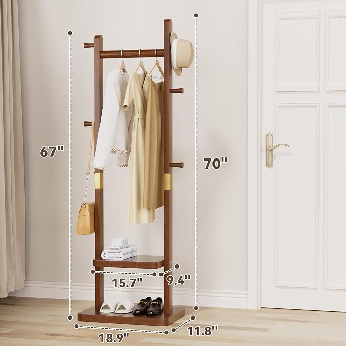 Taitiy Solid Wood Coat Rack, Freestanding Clothing Rack with 2 Shelves Storage & 5 Hooks, Heavy Duty Clothes Rack Stand for Hall, Bedroom, Living Room