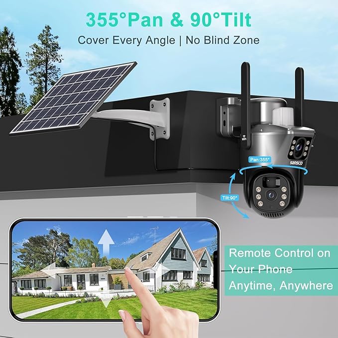 SANSCO 2K Dual Lens Solar Security Camera Wireless Outdoor, No Wires Needed, 2.4G & 5G WiFi, 360° PTZ Home Security Camera, Spotlight Color Night Vision, 2-Way Audio, PIR Motion Detection (2 Pack)
