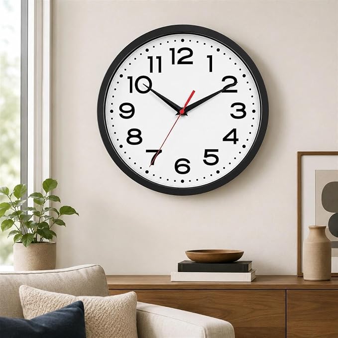 Roymnie Wall Clock Silent Non-Ticking Modern Clock Battery Operated 14 Inch Classic Analog Decorative for Classroom, Living Room, Office, Bedroom, School, Hotel (Black)