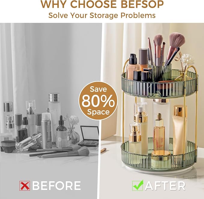360° Rotating Makeup Organizer, Upgraded 2 Tier Skincare Perfume Organizers for Women, Bathroom Organizer Countertop, Clear Cosmetic Dresser Organizer with Makeup Brush Holder, Sink&Counter (Green)