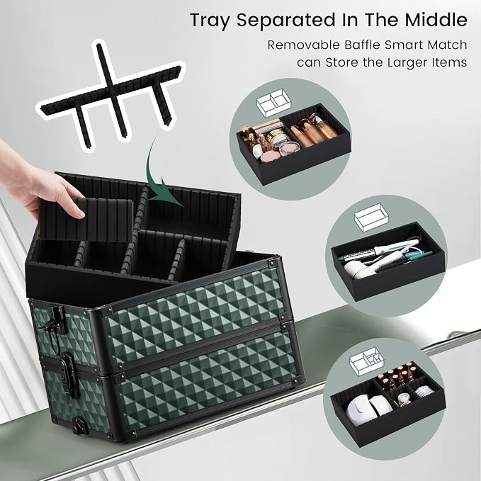 Stagiant Rolling Makeup Train Case Cosmetology Case on Wheels 4 in 1 Cosmetic Box Makeup Travel Case with Key Swivel Wheels Nail Artist Salon Barber StorageTraveling Cart Trunk Dark Green