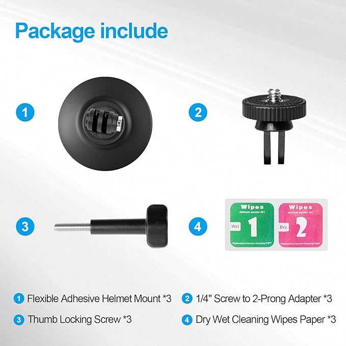 3 Pack Flexible Adhesive Helmet Mounts, Sticky Helmet Camera Mount Kit with Large Base, Accessories for Gopro Hero13/12/11/10/9/8 Max DJI Action 5 Pro 4 3 Insta360 X5 X4 X3 Ace Pro 2