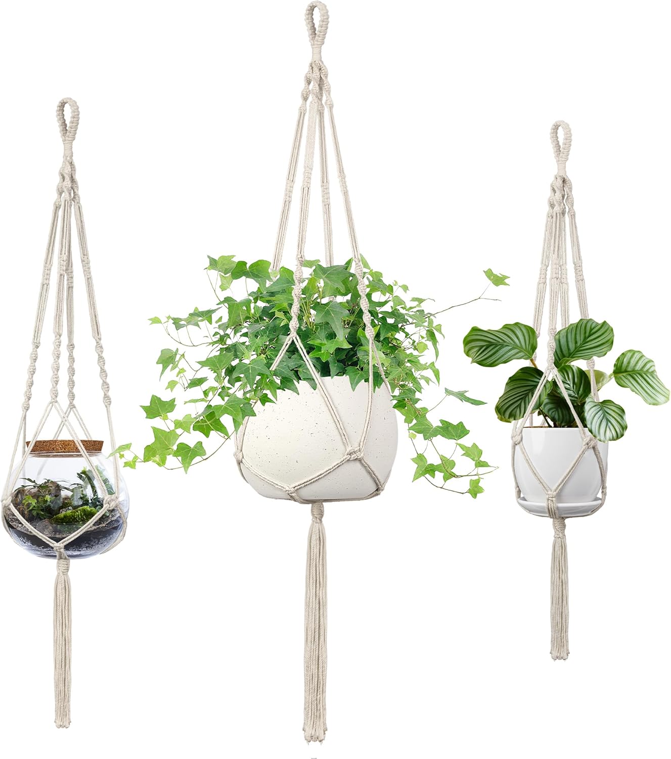Macrame Plant Hanger, 34"/41"/46" 3 Sizes, Hanging Planters for Indoor Outdoor Plants, Flower Pot Holder with Wood Beads & Tassels for Boho Home Decor, 3 Pack, Ivory