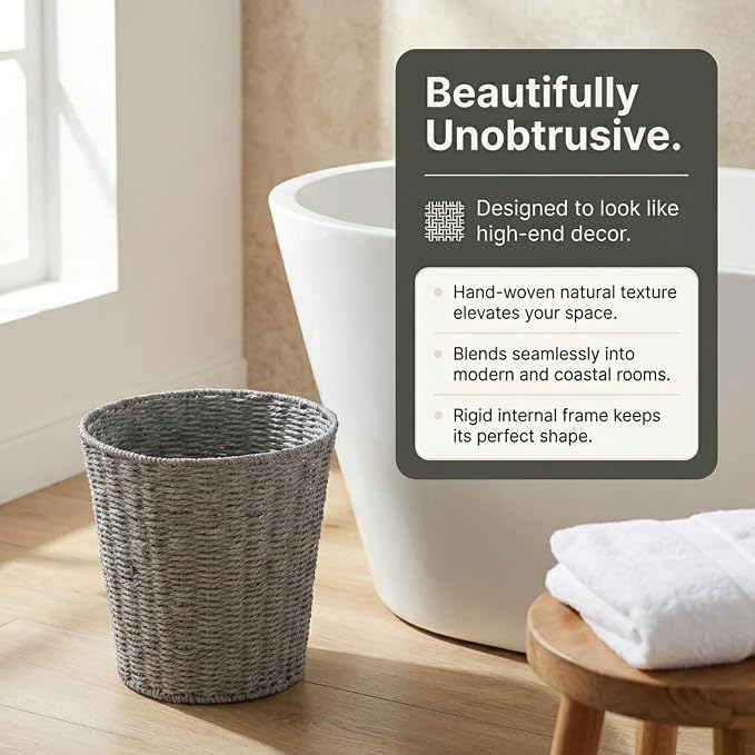 Household Essentials Woven Waste Basket, Gray Paper Rope Waste Bin for Bathroom, Bedroom, Office