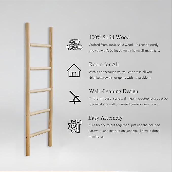 Wooden Blanket Ladder Natural & Motley Wood - Leaning Wall Decor for Bedroom, Bathroom, Living Room - Rustic Quilt Holder & Towel Rack (Light Wood Color, 57in | Fully Assembled)