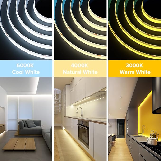 BTF-LIGHTING FCOB COB LED Strip IP65 480LED/m Flexible High Density Uniform Light 9W/m 16.4FT DC12V Daylight White 6000K CRI 90+ 8mm Width for Home Indoor Decor(No Adapter or Controller)