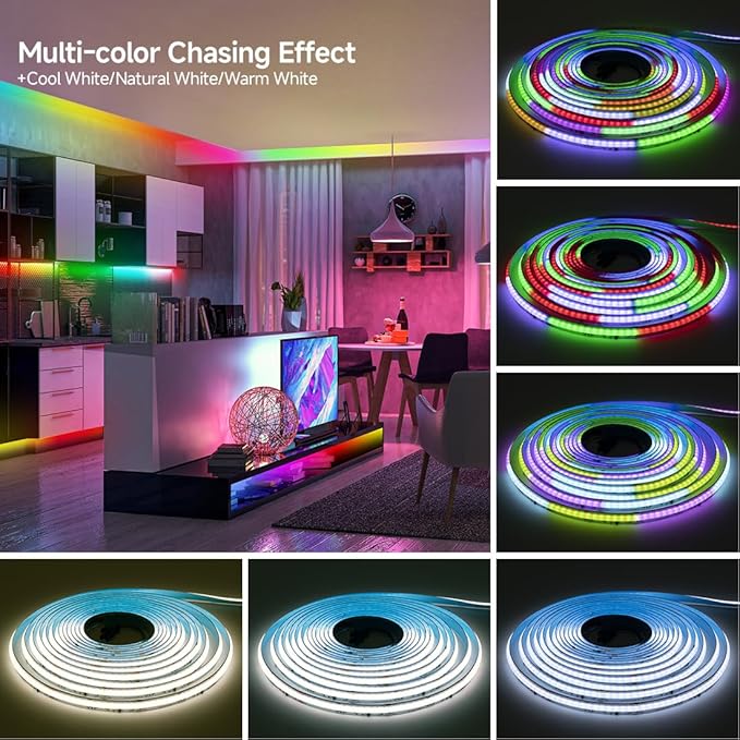 BTF-LIGHTING FCOB COB LED Strip Light IP66, WS2814 Smart IC RGBW 3000K Color Chasing Light, UL Listed DC24V 16.4FT 784LEDs/m High Density 10mm Width for Home Party DIY Decor(No Adapter or Controller)
