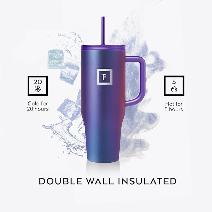 IRON °FLASK Co-Pilot Insulated Mug w/Straw & Flip Cap Lids - Cup Holder Bottle for Hot, Cold Drink - Leak-Proof - Water, Coffee Portable Travel Mug - Twilight Blue, 40 Oz