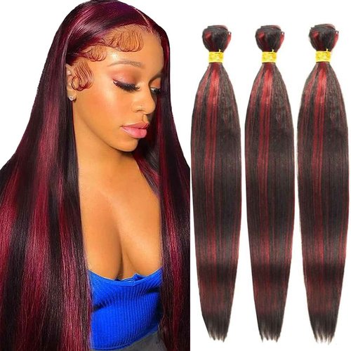 Habiliana Bundles Human Hair 24 26 28 Inch Straight Burgundy T1B/99J Human Hair Bundles 11A Unprocessed Brazilian Virgin Quick Weave Hair Extensions for Black Women