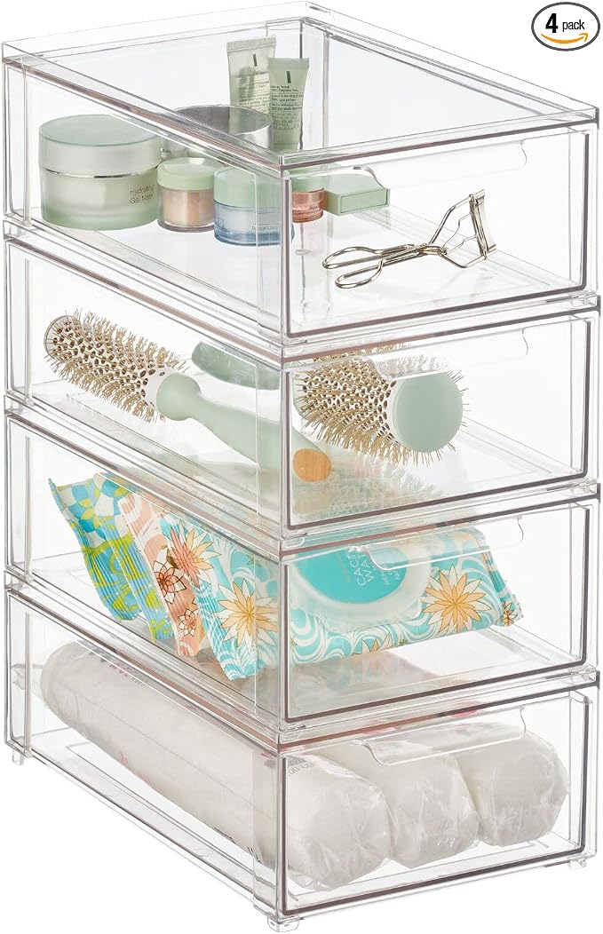 mDesign Plastic Stackable Bathroom Storage Organizer Bin with Pull Out Drawer for Cabinet, Vanity, Shelf, Cupboard, Cabinet, or Closet Organization - Lumiere Collection - 4 Pack - Clear