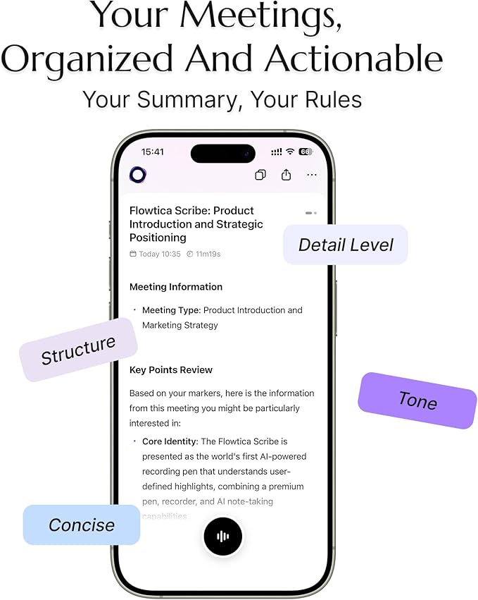 Flowtica Scribe AI Voice Recorder, App Control, Transcribe & Summarize, HiFi Audio with Noise Cancellation, Background Auto-Sync, Note Taker for Meetings & Lectures, Ultra-Slim, Charging Case Included