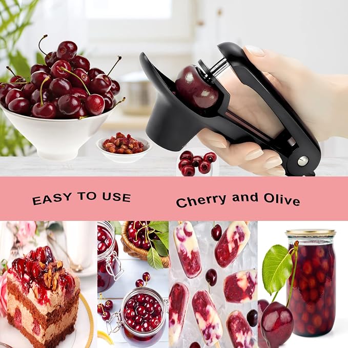 Cherry Pitter, Heavy-Duty Stainless Steel Olive and Cherry Pitters Corer Tool with Space-Saving Lock Design, Multi-Function Cherries Stoner Seed Remover Tool for Making Cherry Jam (Black)