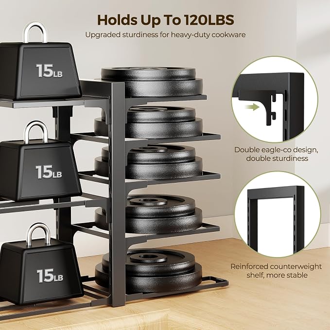 LAMU Pots and Pans Organizer Organizer under Cabinet 15.83" Height, 8 Adjustable Tier Heavy Duty 120LB Pot and Pan Organizer Rack inside Cabinet for Cast-iron Pan, Heavy Skillets Griddle, Shallow Pot