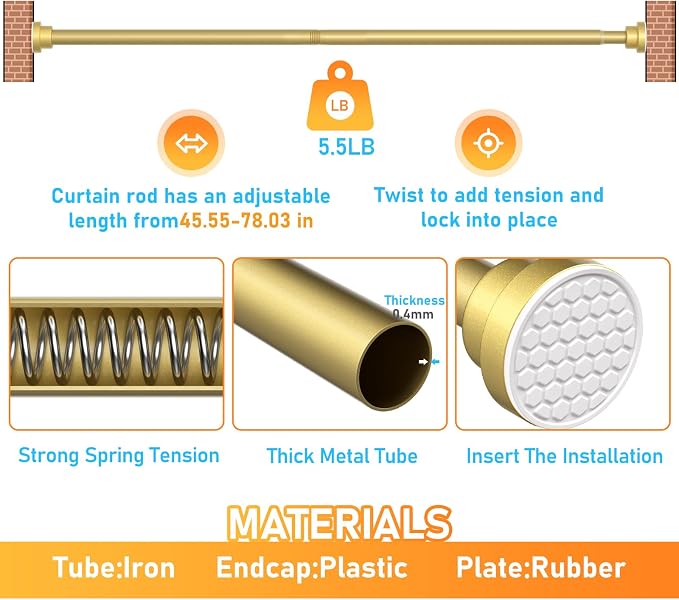 MEXAU 2 Pack Tension Curtain Rod For Window 45-77 Inches Adjustable Expandable Gold Spring Tension Rod Spring Curtain Rods No Drilling Extension Rods Tension Rod for Closet Doorway Kitchen