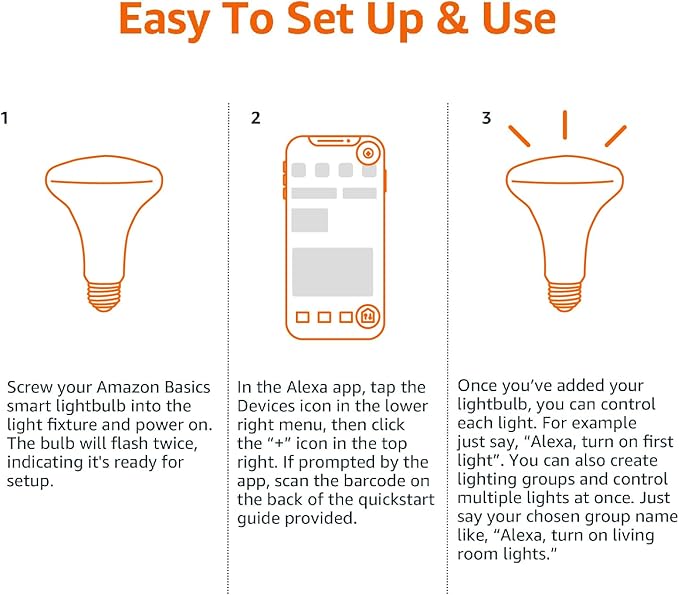 Amazon Basics Smart BR30 LED Light Bulbs, Color Changing, 9W (60W Equivalent), 800LM, Energy Efficient, Voice Control, Works with Alexa Only, 2.4 GHz Wi-Fi, No Hub Required, 8-Pack