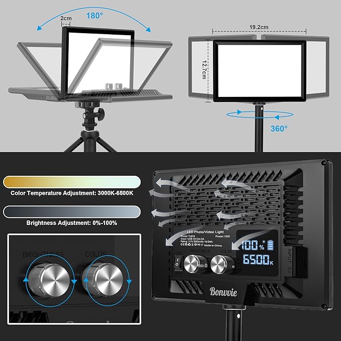 9" LED Video Light, Dimmable Camera Light with Built-in 5000mAh Li-ion Battery, CRI 97, Type C Ports, 3000-6500K Photo Light for Studio/Outdoor Photography, Vlog,Video Conference, Live Stream