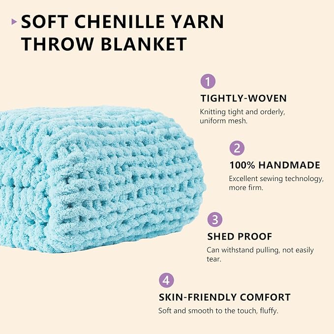 L'AGRATY Chunky Knit Blanket Throw: 72''x84'' Chenille Chunky Knitted Throw Blankets for Bed Couch - Handmade Thick Big Cable Knit Blanket - Large Crochet Blankets for Home Decor(Light Blue)