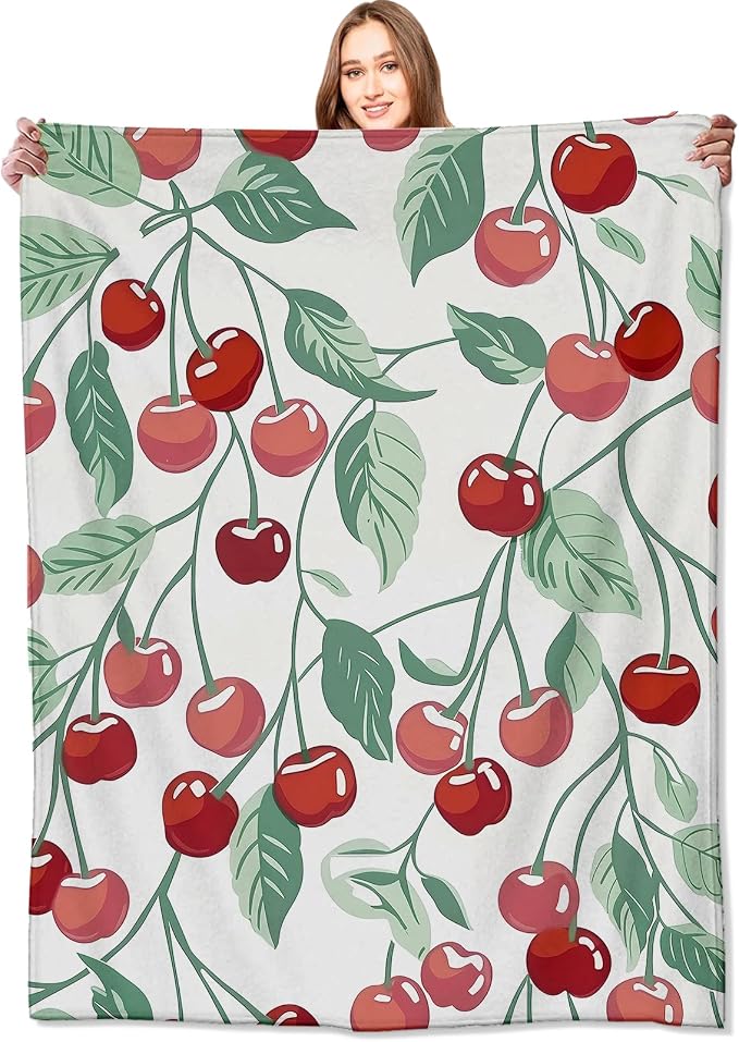 Cherry Blanket Fresh Red Fruit Throw Blankets with Green Leaves,Birthday Gifts for Kids Adult Women,Lightweight Soft Fleece,for Sofa Couch Bed Room Farmhouse Summer Decor 40x50in