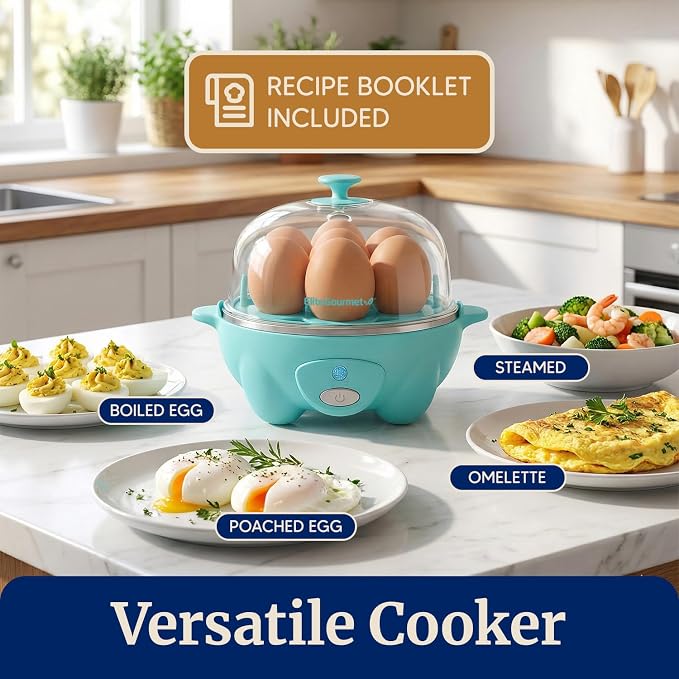 Elite Gourmet EGC-007T# Rapid Egg Cooker, 7 Easy-To-Peel, Hard, Medium, Soft Boiled Eggs, Poacher, Omelet Maker, Auto Shut-Off, Alarm, 16-Recipe Booklet, Teal