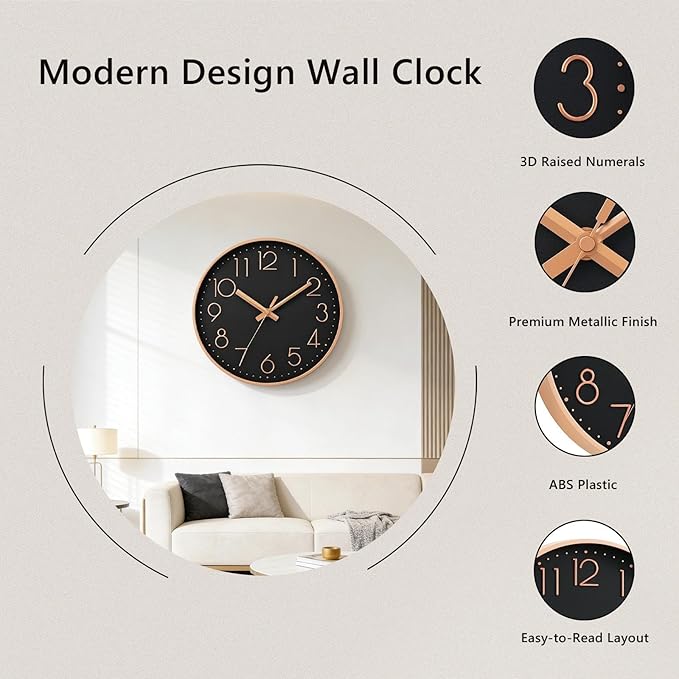 DAXSMY Wall Clock - 10 Inch Silent Non-Ticking Modern 3D Wall Clocks Battery Operated - Decorative Clock for Kitchen, Home Office, Bathroom, Bedroom(Black)