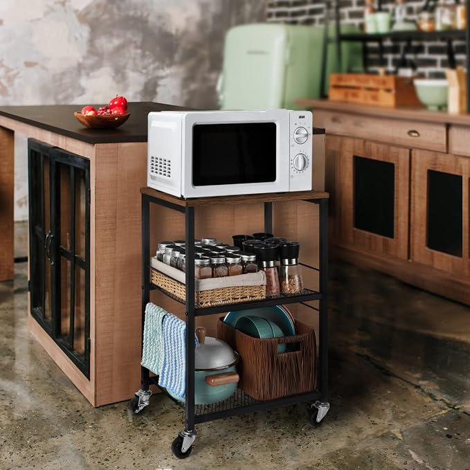 LIANTRAL 3 Tier Rolling Cart, Brown Kitchen Carts on Wheels with Storage, Multifunctional Utility Cart for Kitchen, Bathroom, Living Room, Bar, Office