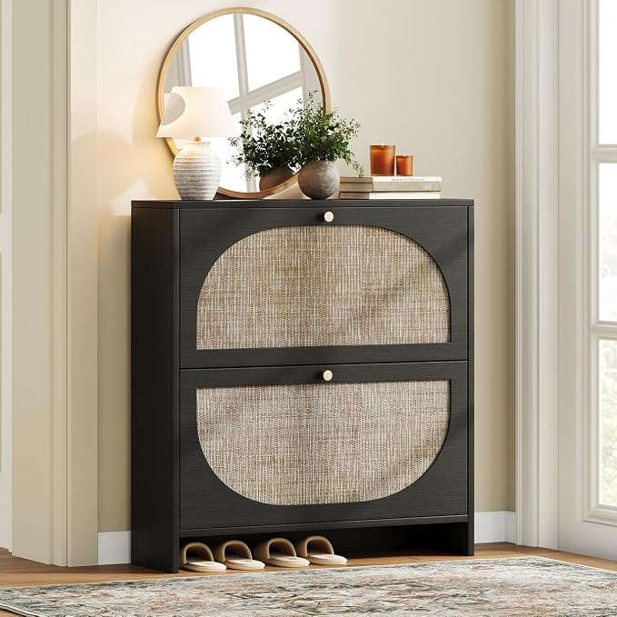Nicetree Rattan Arched Accent Shoe Cabinet - Freestanding Ultra Slim for Entryway, 2 Flip Drawers & 3-Tier Adjustable Shelves, Farmhouse Modern Rustic Shoe Rack for Hallway Foyer Living Room, Black