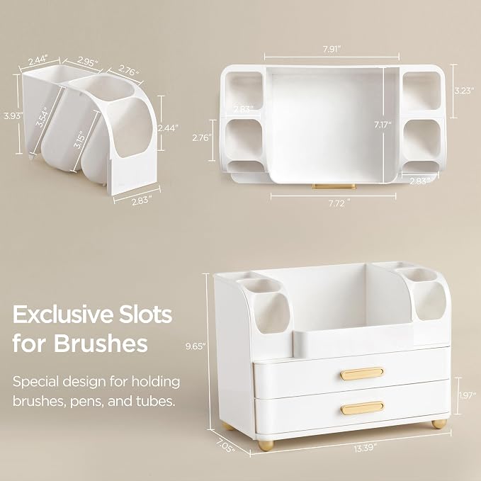 HBlife Makeup Organizer for Vanity with Brush Holder, Large Bathroom Countertop Cosmetic Organizer Skin Care Storage, Easy to Store Lipsticks, Nail Polishes, Perfumes, Eyeshadow Palettes, All White