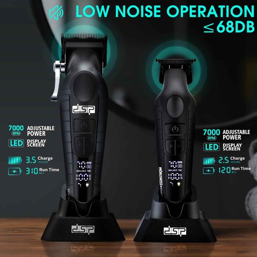 DSP Professional Hair Clippers Set for Men, Cordless Barber Clipper Beard Trimmer DLC, USB Rechargeable, Speeds Adjustable, Travel Lock, Low Noise with Charging Base