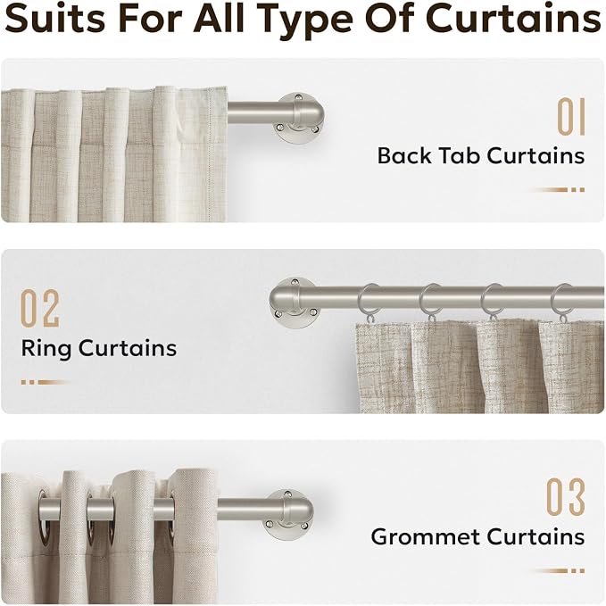 Zeerobee Curtain Rods for Windows 66 to 120, 1 Inch Industrial Wrap Around Brushed Nickel Curtain Rod, Indoor/Outdoor Room Divider Adjustable Drapery Pole, 66"-120"