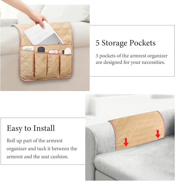 Armchair Caddy for Recliner, Couch Caddy Storage Organizer with 5 Pockets, Non Slip Sofa Arm Organizer for Remote Controls, Phone, Magazines, Tablet (Light Khaki)
