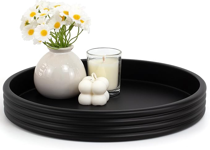 YMXYJM Round Decorative Tray - Modern Coffee Table Tray Decor, Resin Home Decor for Living Room & Bedroom. Multi-Functional Coffee Table Centerpiece with Anti-Slip Pads - 11x1.5 Inch Key Trays - Black