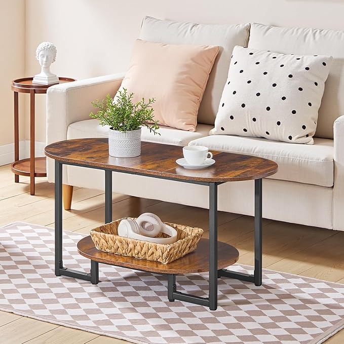 HOOBRO Coffee Table for Living Room, Oval Small Coffee Table with 2-Tier Open Storage Shelf, Industrial Cocktail Tea Table, Wooden Desktop Center Table, Farmhouse, Home Office, Rustic Brown BF09KF01