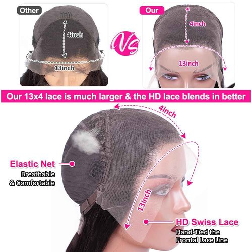Pizazz 13x4 Human Hair Lace Front Wigs for Black Women Glueless 180 Density HD Transparent Deep Wave Frontal wig with Baby Hair Pre Plucked Bleached Knots(14 Inch, Black color)