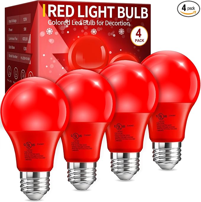 TJOY LED Red Light Bulb, Red Colored Light Bulbs Outdoor, A19 60 Watt Equivalent, 5W E26 Base Lightbulb for Christmas Porch Indoor Party Bedroom Decoration, Non-Dimmable, 4 Pack