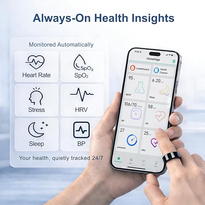 Smart Ring Health & Fitness Tracker for Men & Women, Heart Rate, SPO₂, Sleep & Activity Monitoring, IP68 Waterproof, Long Battery Life, Family Care Mode, No Subscription Fee (Black, 8)