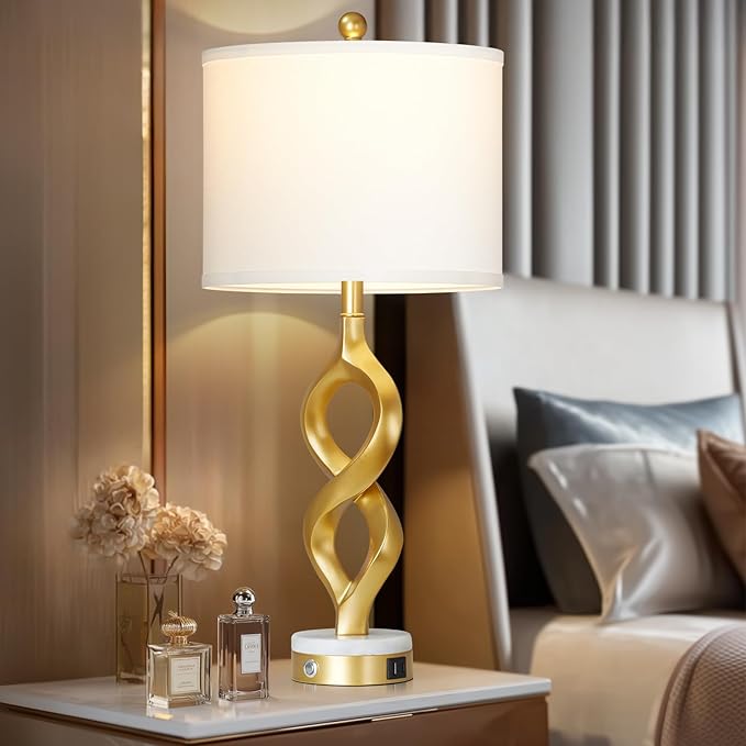 Cinyirong 30" White and Gold Table Lamp for Living Room, Modern Touch Control Bedside Lamp for Bedroom, 3-Way Dimmable Sculptural Resin Nightstand Lamp with USB A+C Ports and 1 LED Bulb (1 Pack)