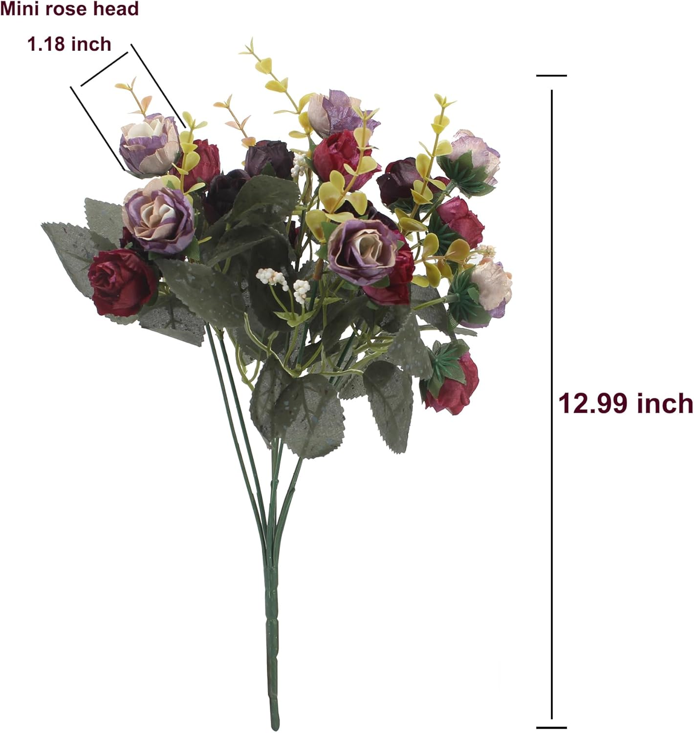 Duovlo 7 Branch 21 Mini Rose Heads Artificial Flowers Bouquet Wedding Home Office Decor,Pack of 2 (2 PCS Purple)