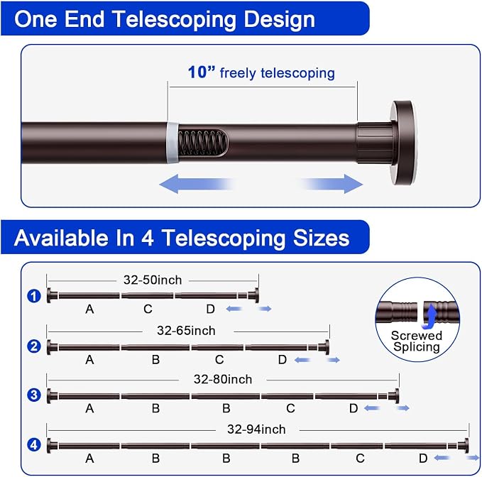 Ausemku Shower Curtain Rod 32-94 Inch Adjustable - 1 Inch Diameter Heavy Duty No drill Spring Tension Shower Rod, Non-Slip Rustproof Telescopic Rod for Bathroom, Brown