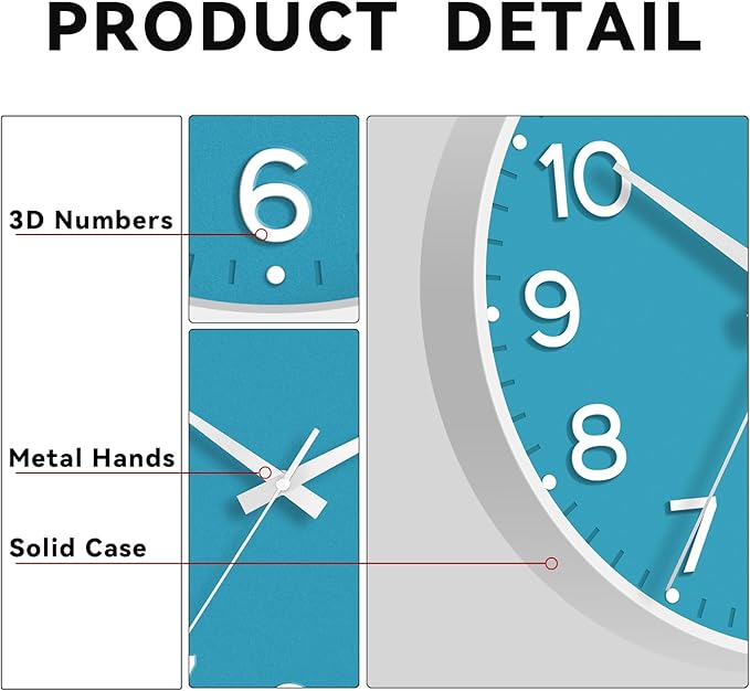 Roymnie Wall Clock, Silent Wall Clocks Battery Operated 8 Inch-Modern Non Ticking Analog Clock Decorative for Kitchen Office Bathroom Bedroom(Blue)