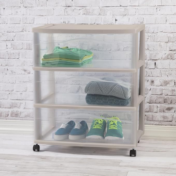 Sterilite 2 Pack Wide 3 Drawer Storage Cart, Rolling Organization, Grey | Clear Plastic Organizer Drawers with Wheels for Craft Supplies, Bath Essentials, or Home Accessories