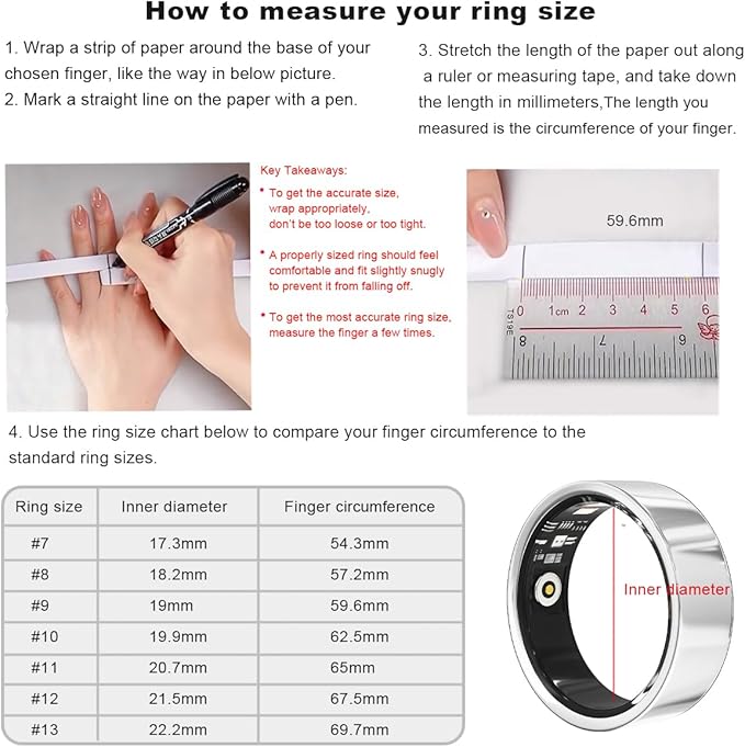 Smart Health Ring for Women Men Fitness Tracker with Heart Rate, Blood Oxygen, HRV, Sleep Monitoring, Step Counting, IP68 for iPhone and Android, No Subscription Fee (Silver, 10#)