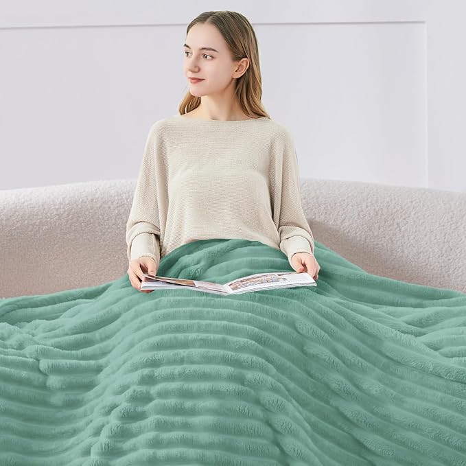 BEDELITE Fleece Throw Blanket for Couch - 300GSM Soft & Warm Fluffy Mint Blue Blanket, Decorative and Giftable Striped Blankets for Women, Men, 50"x60"