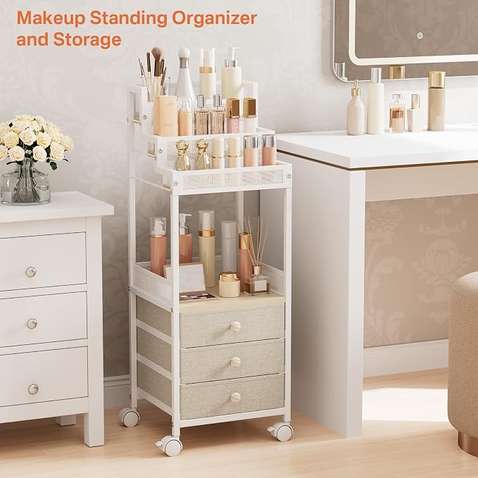 Makeup Organizer Storage with Drawers, 13 Inch Bathroom Stand Large Floor Rolling Skincare Organizer Cart, 3-Tier Vanity Tray Stand for Cosmetics, Nail Polish, Perfume Display Cases Holder