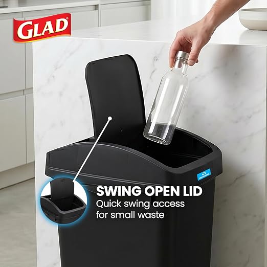 Glad 12 Gallon Trash Can with Clorox Odor Protection | Linkable Waste and Recycling Bin with Swing Top and Lift Up Lid, for Kitchen, Office or Home, Black